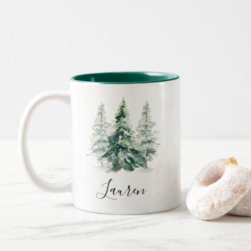 Winter Snowy Pine Tree Christmas Two_Tone Coffee Mug