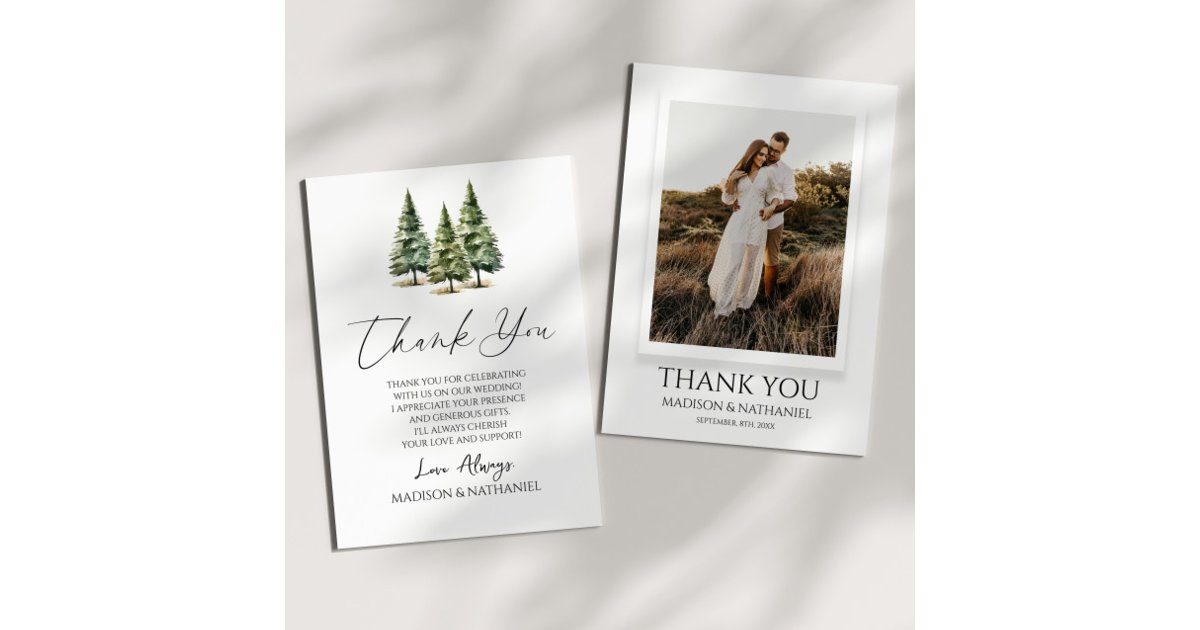 Winter Snowy Pine Tree Custom Photo Wedding Thank You Card | Zazzle