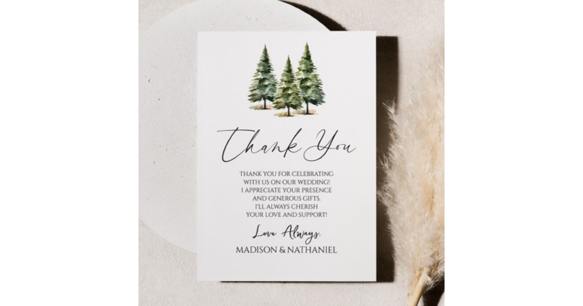 Winter Snowy Pine Tree Wedding Thank You Card | Zazzle