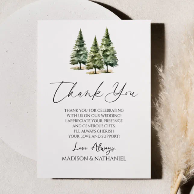 Winter Snowy Pine Tree Wedding Thank You Card | Zazzle