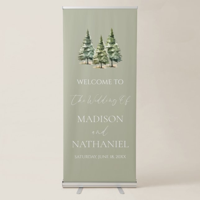 Winter Snowy Pine Tree Wedding Welcome Retractable Banner (Front)