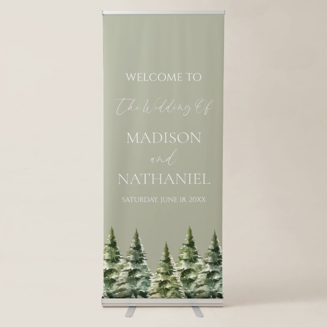 Winter Snowy Pine Tree Wedding Welcome Retractable Banner (Front)