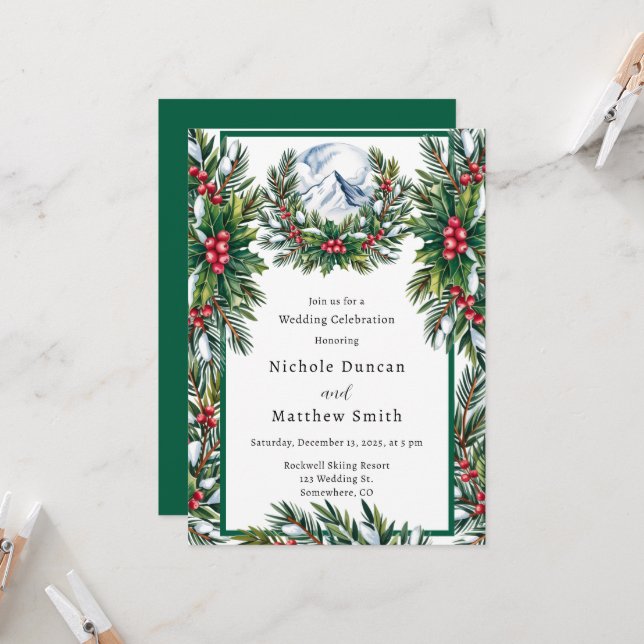 Winter Snowy Pine Wreath Wedding Celebration  Invitation (Front/Back In Situ)
