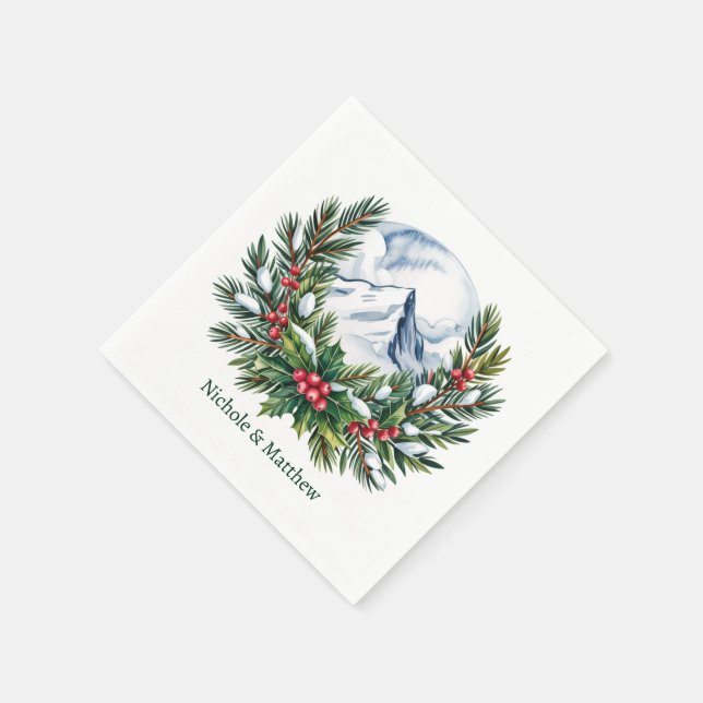 Winter Snowy Pine Wreath Wedding Napkins (Corner)