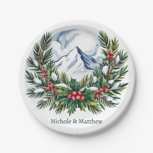Winter Snowy Pine Wreath Wedding Paper Plates (Front)