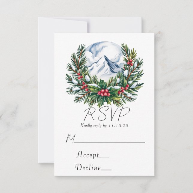 Winter Snowy Pine Wreath Wedding RSVP (Front)