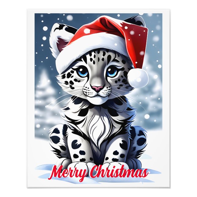 Winter Snowy Santa Cute Snow Leopard Cub Christmas Photo Print (Front)
