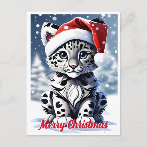 Winter Snowy Santa Cute Snow Leopard Cub Christmas Postcard