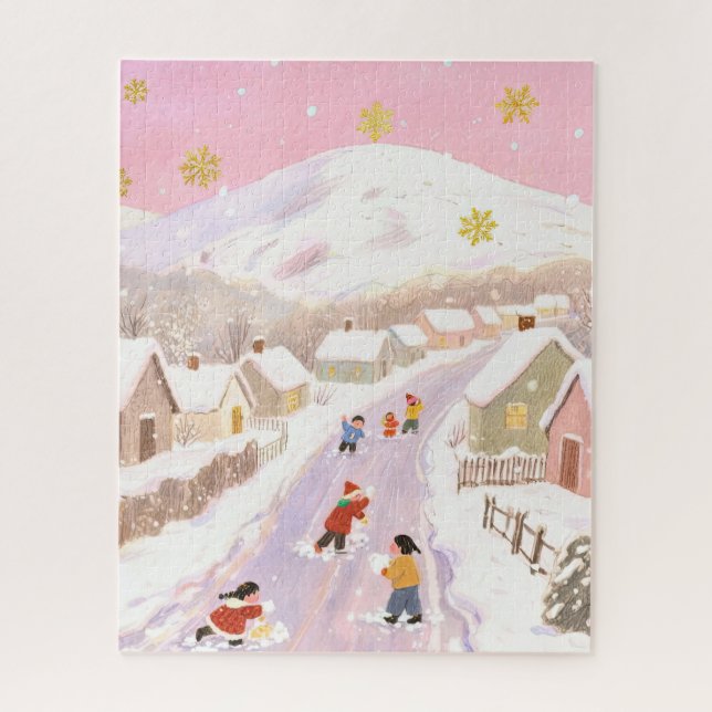 Winter snowy village, children playing, pink hues jigsaw puzzle (Vertical)