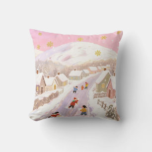 Winter snowy village, children playing, pink hues throw pillow
