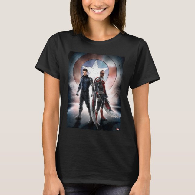 Winter Soldier & The Falcon in Front of Shield T-Shirt (Front)