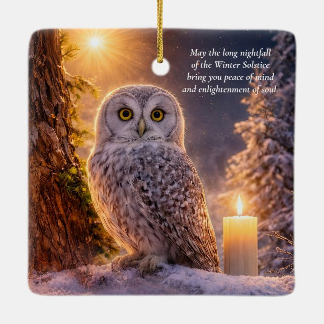 Winter Solstice Blessing Beautiful Owl Candle Ceramic Ornament (Back)