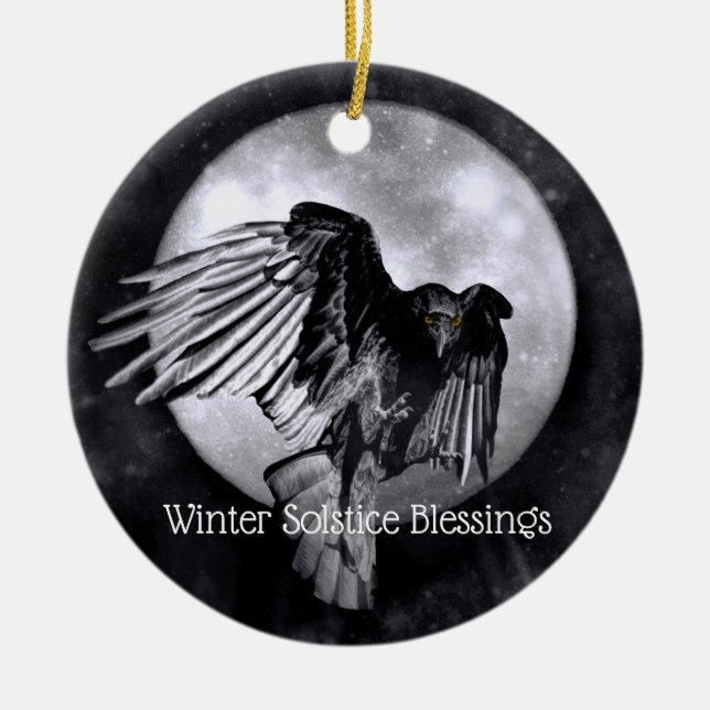 Winter Solstice Blessing Raven or Crow Moon Pagan  Ceramic Ornament (Front)