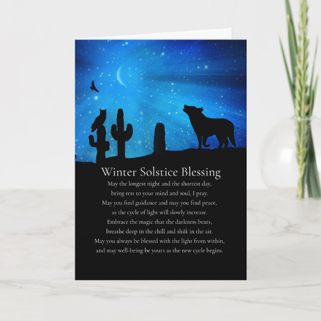 Winter Solstice Blessing Southwestern Coyote Owl Card (Front)