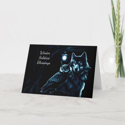 Winter Solstice Blessing Yule with Owl and Wolf Card