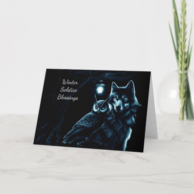 Winter Solstice Blessing Yule with Owl and Wolf Card (Front)