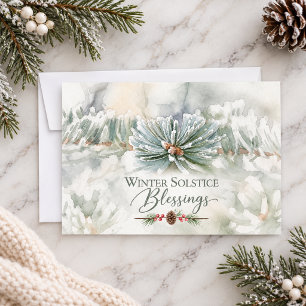 Winter Solstice Blessings Frosty Evergreens Holiday Card