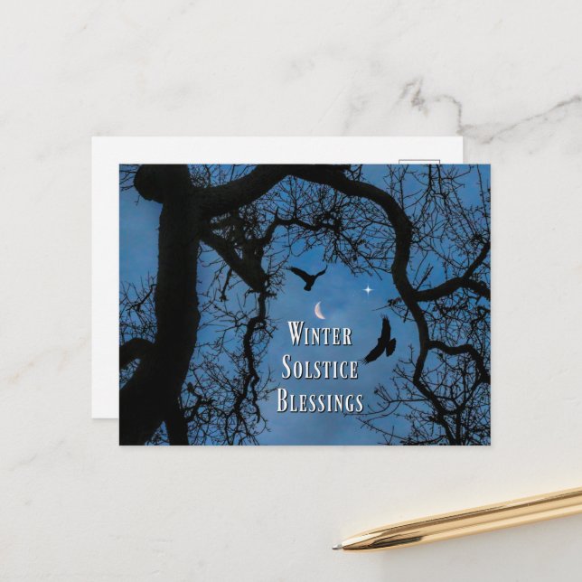 Winter Solstice Blessings Raven Oak Tree Moon Postcard (Front/Back In Situ)
