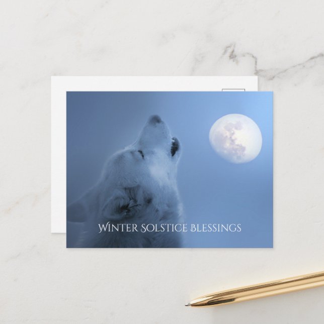 Winter Solstice Blessings Wolf and Moon Postcard (Front/Back In Situ)