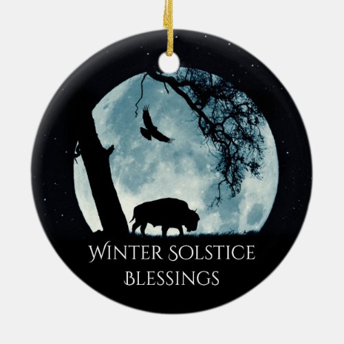 Winter Solstice Buffalo Moon and Raven  Ceramic Ornament