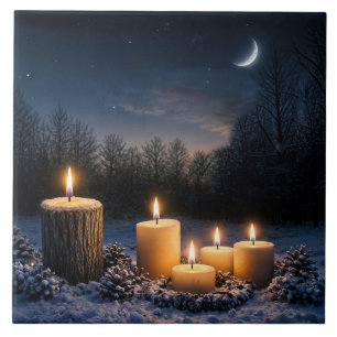 Winter Solstice Candles in the Snow Moon Ceramic Tile