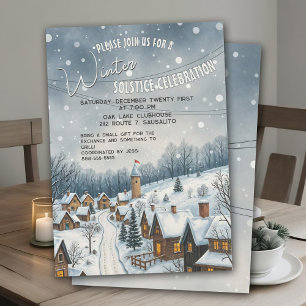 Winter Solstice Charming Snowy Village Cozy Party Invitation