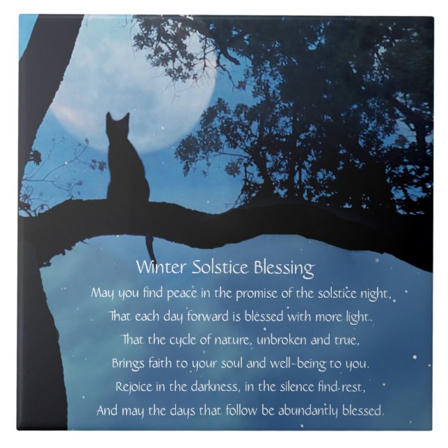 Winter Solstice Cute Cat in Tree and Moon Poem Cer Ceramic Tile (Front)