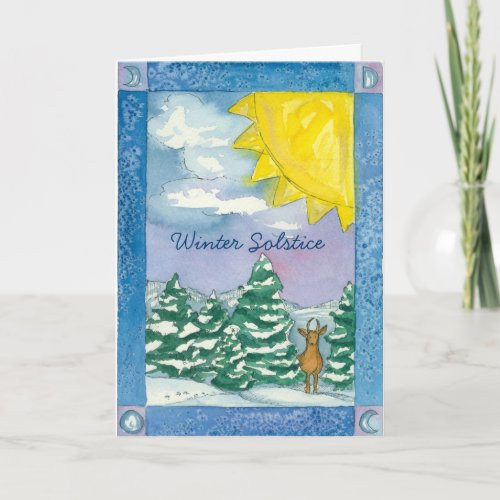 Winter Solstice Deer Snow Landscape Watercolor Holiday Card