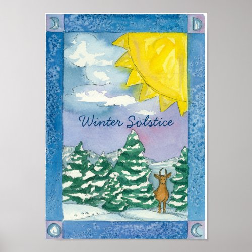 Winter Solstice Deer Snow Landscape Watercolor Poster