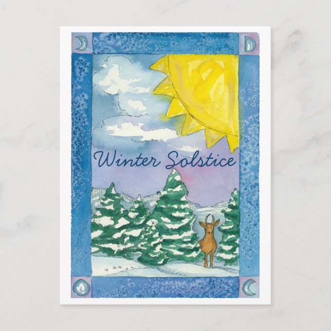 Winter Solstice Deer Snow Watercolor Landscape Postcard (Front)