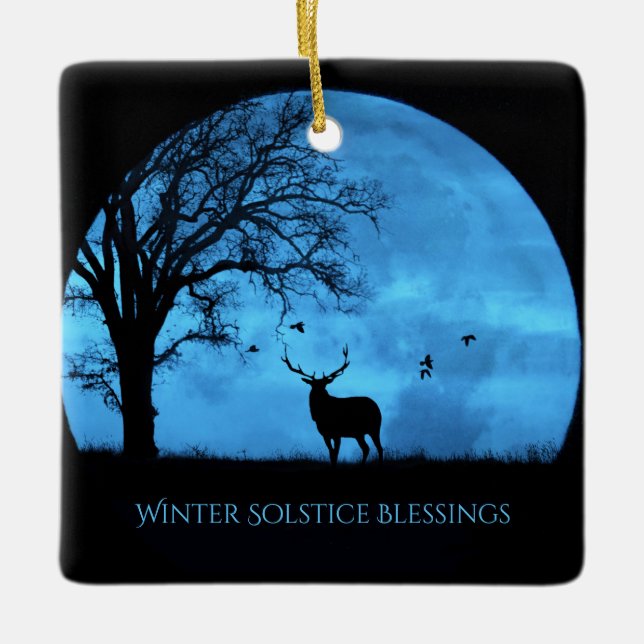 Winter Solstice Elk and Moon Blessings Ceramic Ornament (Front)