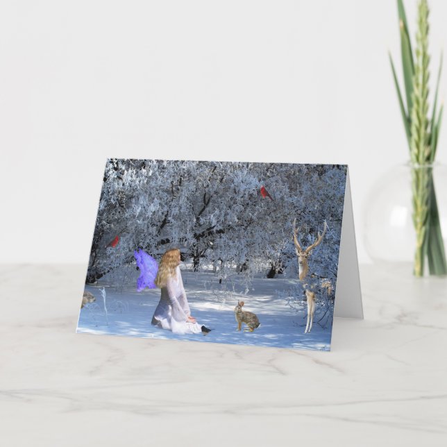 Winter Solstice Faerie with Animals in the Snow Holiday Card (Front)