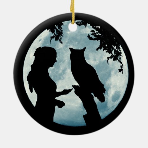 Winter Solstice Girl and Owl Moon Ceramic Ornament