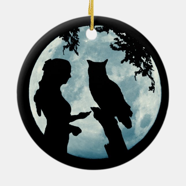 Winter Solstice Girl and Owl Moon Ceramic Ornament (Back)