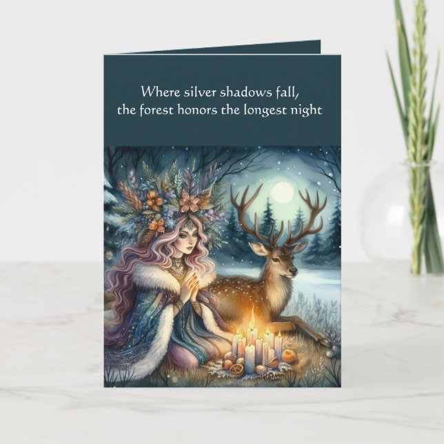 Winter Solstice Goddess and Deer Greeting Card (Front)