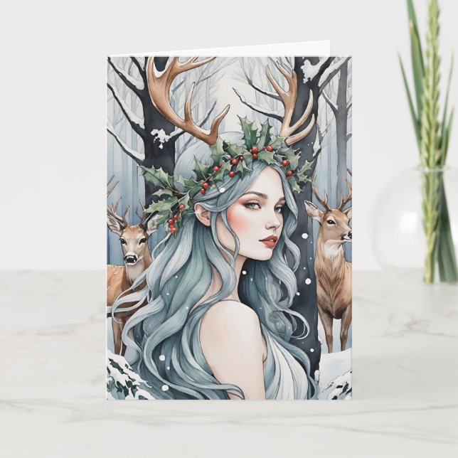 Winter Solstice Goddess & Deer in the Forest Holiday Card (Front)