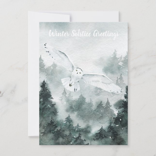 Winter Solstice Greeting Woodland Forest White Owl Card (Front)
