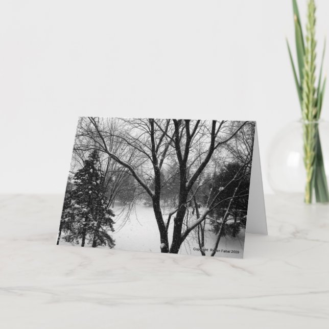 Winter Solstice Greetings, Snowy Trees Holiday Card (Front)