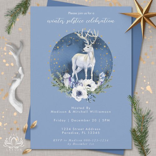Winter Solstice Holiday Deer Blue White Christmas Invitation