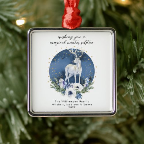 Winter Solstice Holiday Deer Blue White Christmas  Metal Ornament