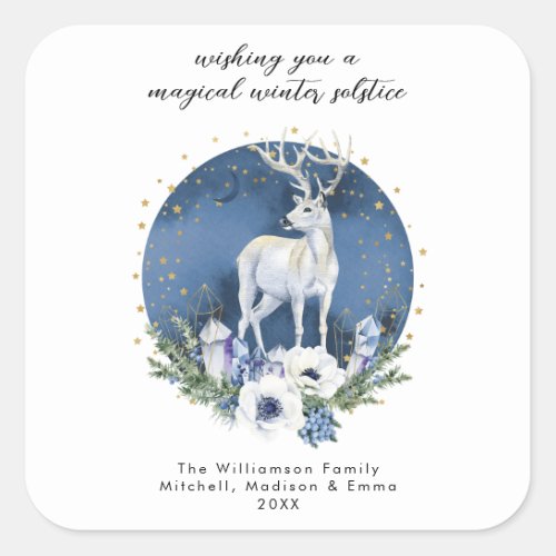 Winter Solstice Holiday Deer Blue White Christmas  Square Sticker