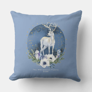 Winter Solstice Holiday Deer Blue White Christmas Throw Pillow