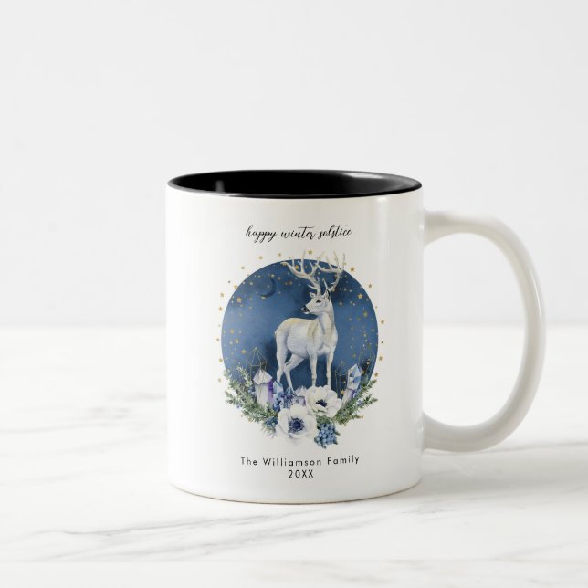 Winter Solstice Holiday Deer Blue White Christmas  Two-Tone Coffee Mug (Right)