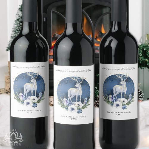 Winter Solstice Holiday Deer Blue White Christmas  Wine Label