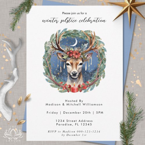 Winter Solstice Holiday Deer Red Berries Christmas Invitation