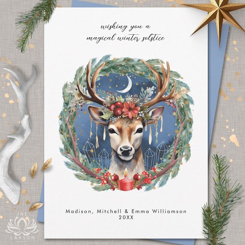 Winter Solstice Holiday Deer Wreath Christmas Card