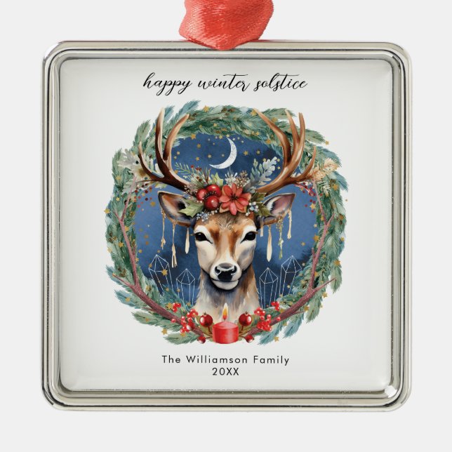 Winter Solstice Holiday Deer Wreath Yule Christmas Metal Ornament (Front)