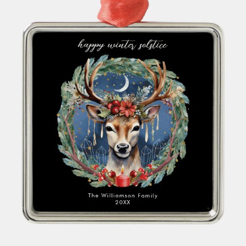 Winter Solstice Holiday Deer Wreath Yule Christmas Metal Ornament