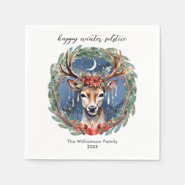 Winter Solstice Holiday Deer Wreath Yule Christmas Napkins (Front)