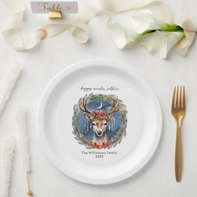 Winter Solstice Holiday Deer Wreath Yule Christmas Paper Plates (Wedding)